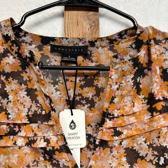 Sanctuary Pintuck Long Sleeve Pullover V Neck Floral Blouse in Harvest Size S - Picture 2 of 6